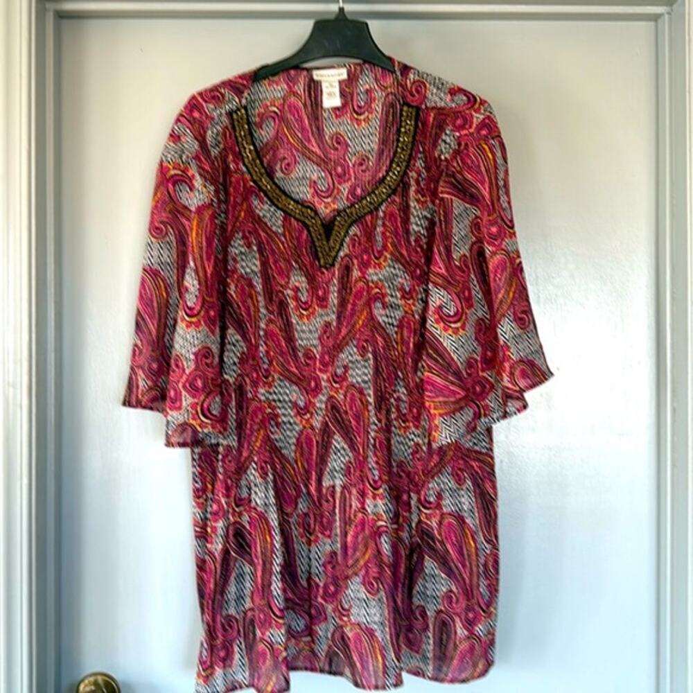 Catherines Sz 3X Women's Beaded V-Neck Pullover Paisley Top Short Sleeves